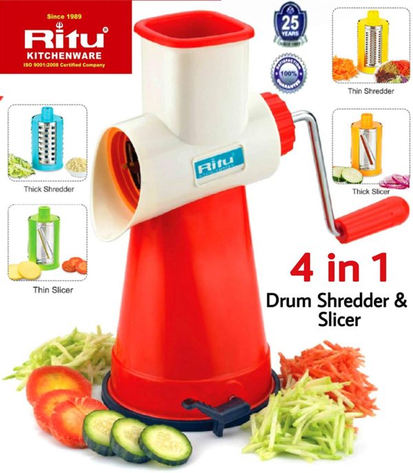 Ritu Plastic Drum Shredder and Multipurpose Slicer, 4-Pieces, Red